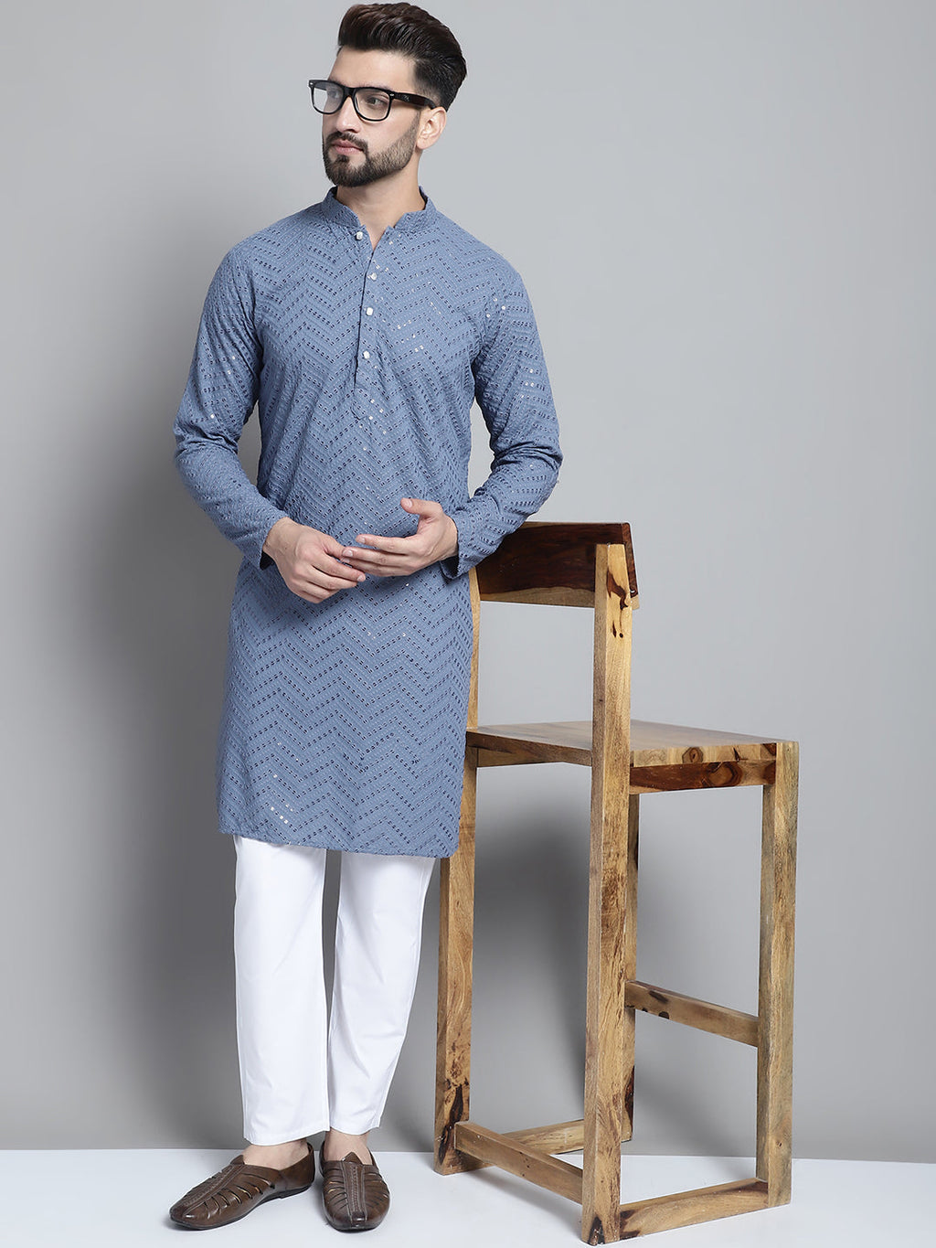 Jompers Men's Grey Embroidered Sequinned Kurta with Pyjama | Grocsy