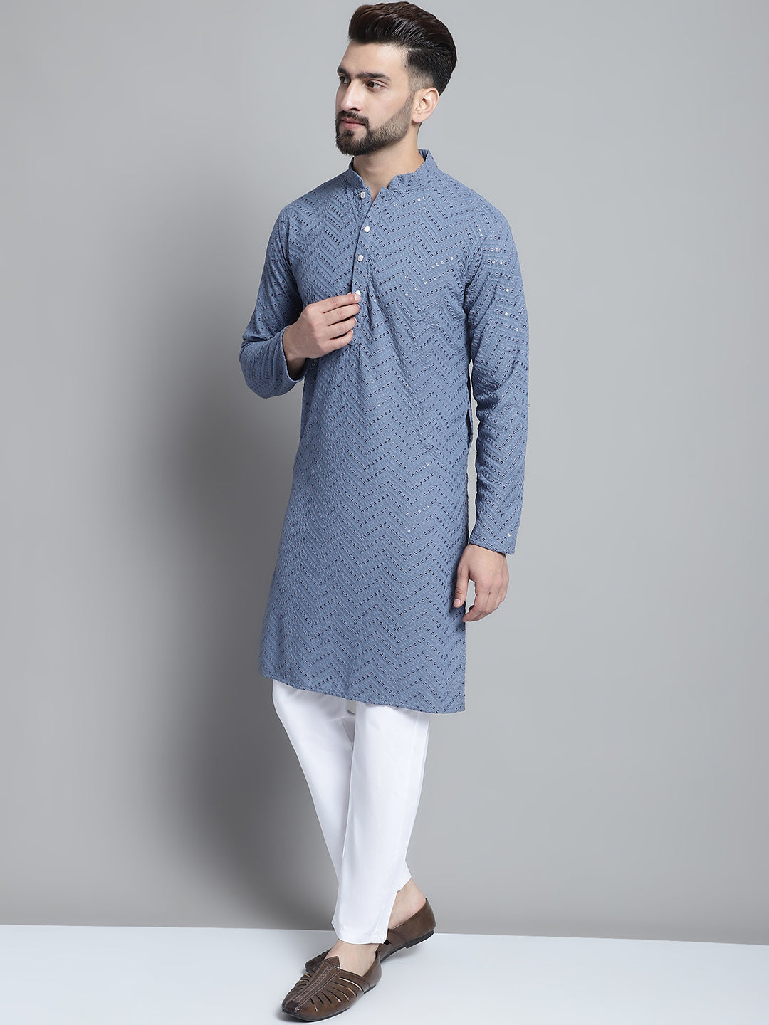 Jompers Men's Grey Embroidered Sequinned Kurta with Pyjama | Grocsy