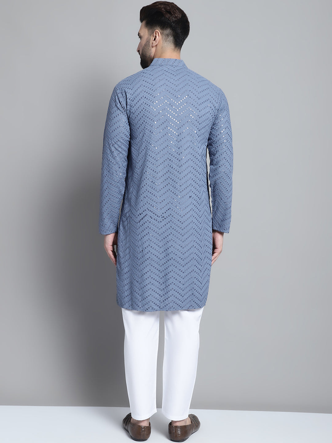 Jompers Men's Grey Embroidered Sequinned Kurta with Pyjama | Grocsy