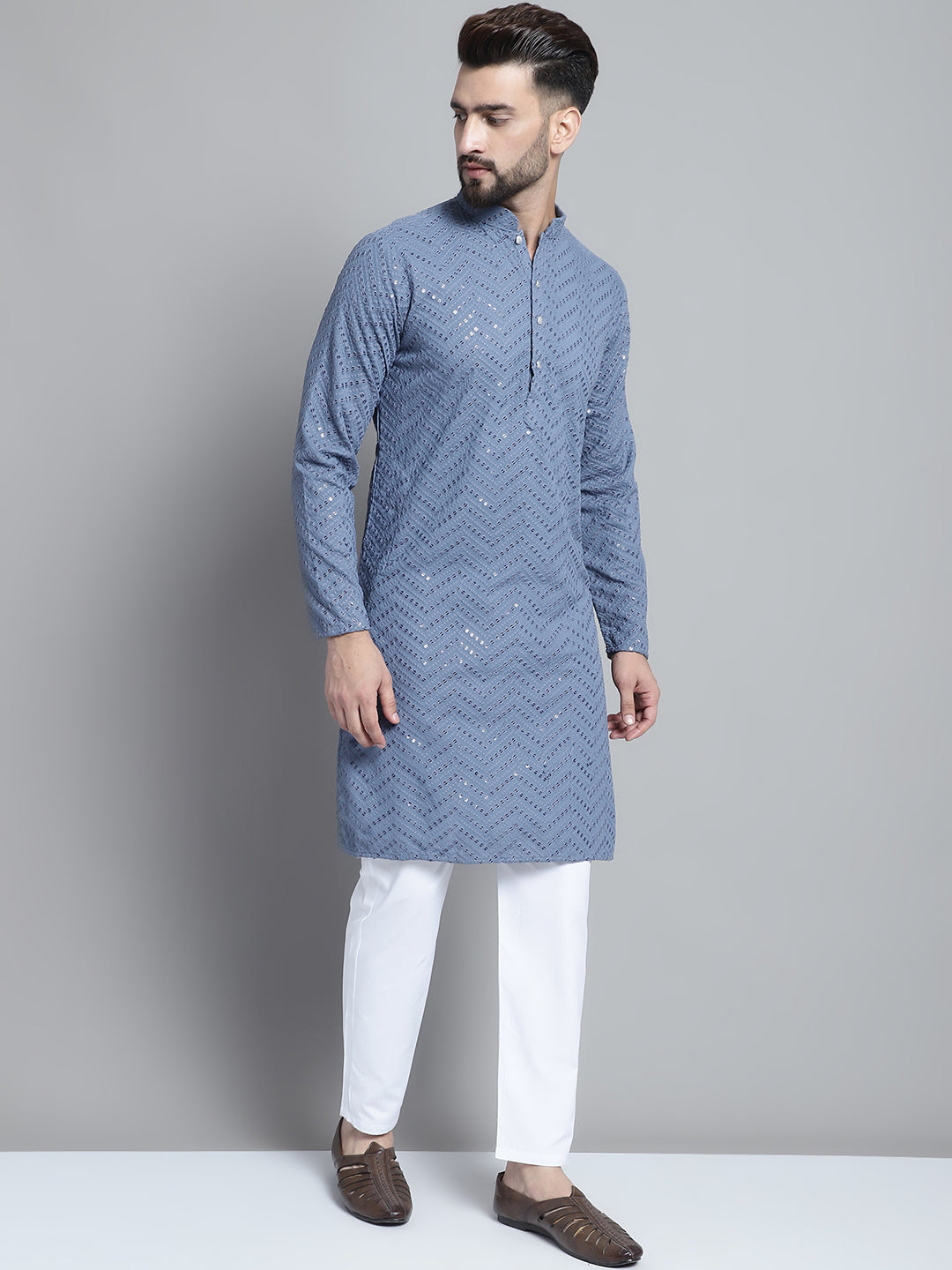 Jompers Men's Grey Embroidered Sequinned Kurta with Pyjama | Grocsy