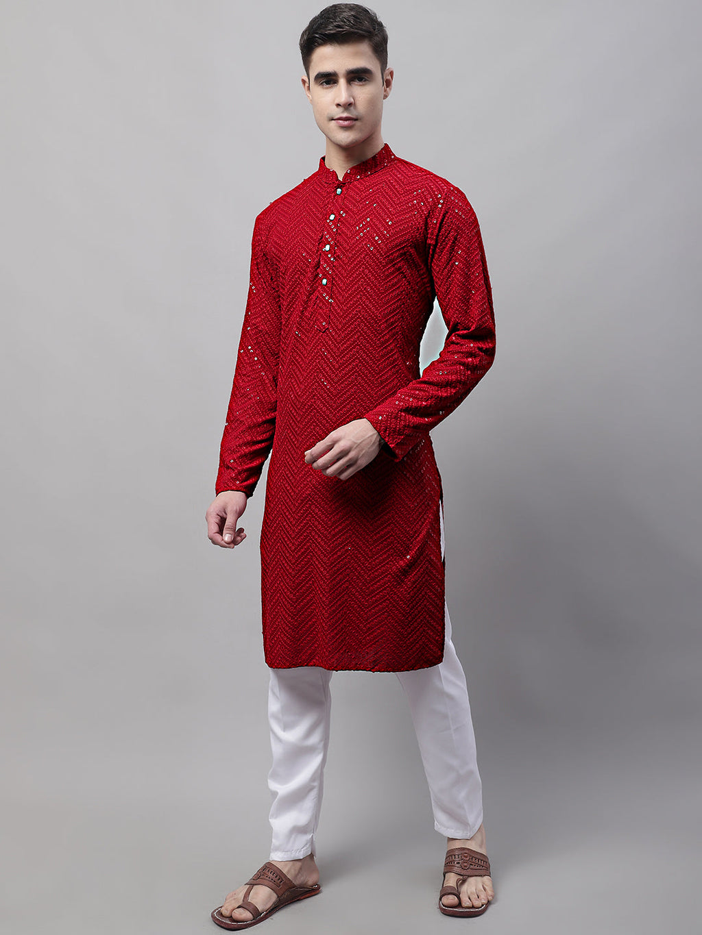 Jompers Men's Navy Blue Embroidered Sequinned Kurta with Churidar | Grocsy