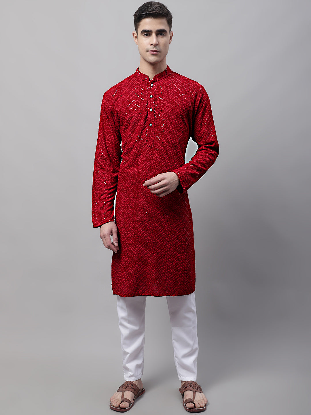 Jompers Men's Navy Blue Embroidered Sequinned Kurta with Churidar | Grocsy
