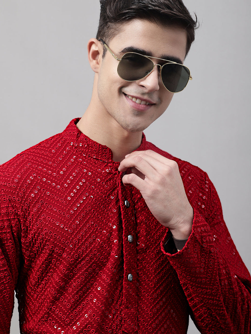 Jompers Men's Navy Blue Embroidered Sequinned Kurta with Churidar | Grocsy