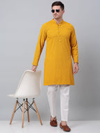 Jompers Men's Mustard Embroidered Sequinned Kurta with Churidar | Grocsy