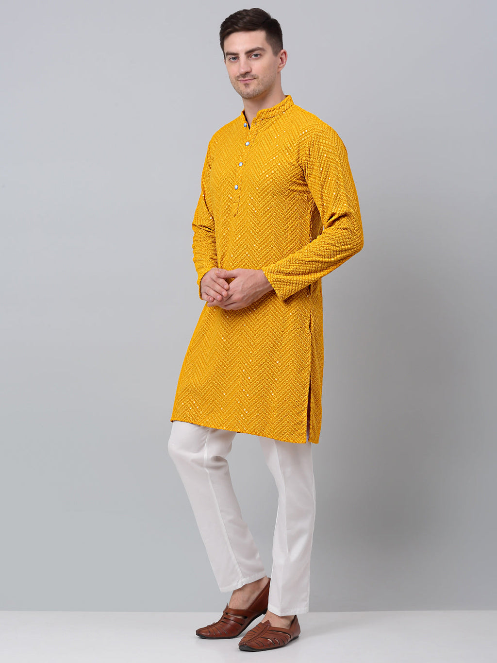 Jompers Men's Mustard Embroidered Sequinned Kurta with Churidar | Grocsy