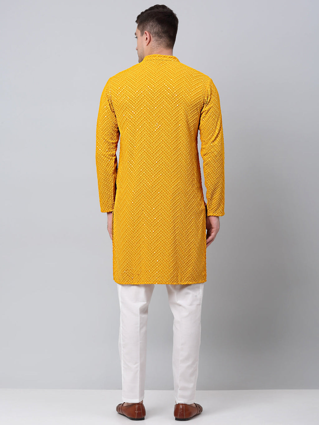 Jompers Men's Mustard Embroidered Sequinned Kurta with Churidar | Grocsy