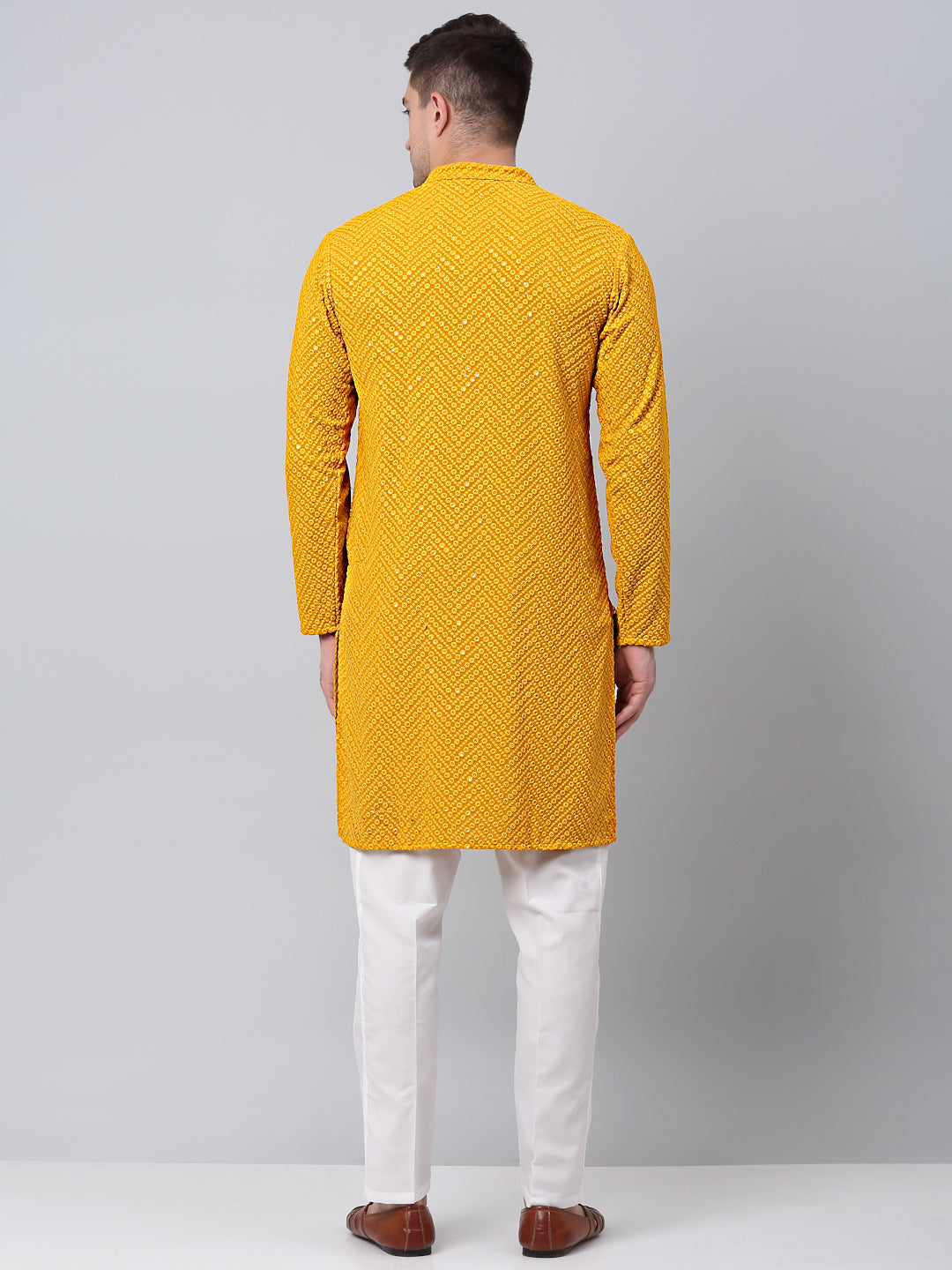 Jompers Men's Mustard Embroidered Sequinned Kurta with Churidar | Grocsy