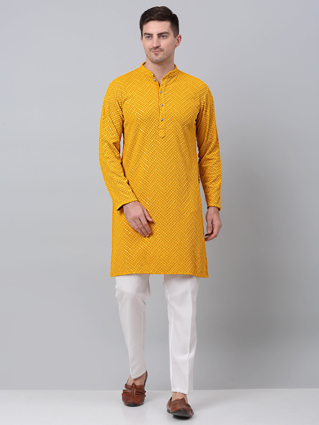 Jompers Men's Mustard Embroidered Sequinned Kurta with Churidar | Grocsy