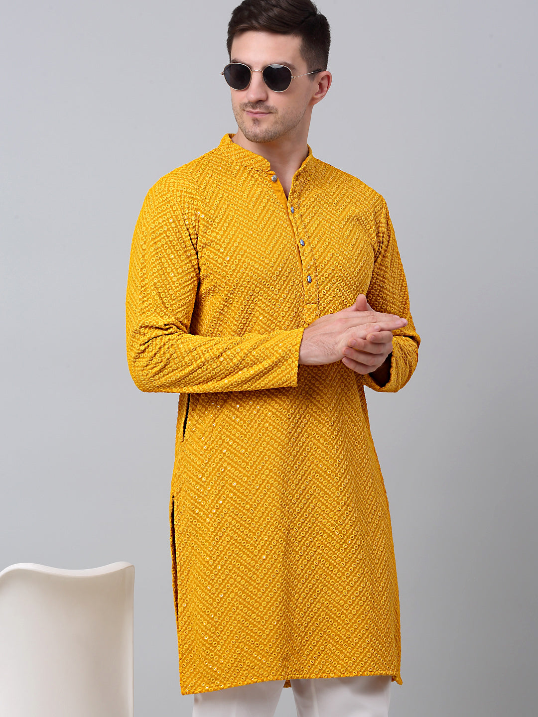 Jompers Men's Mustard Embroidered Sequinned Kurta with Churidar | Grocsy