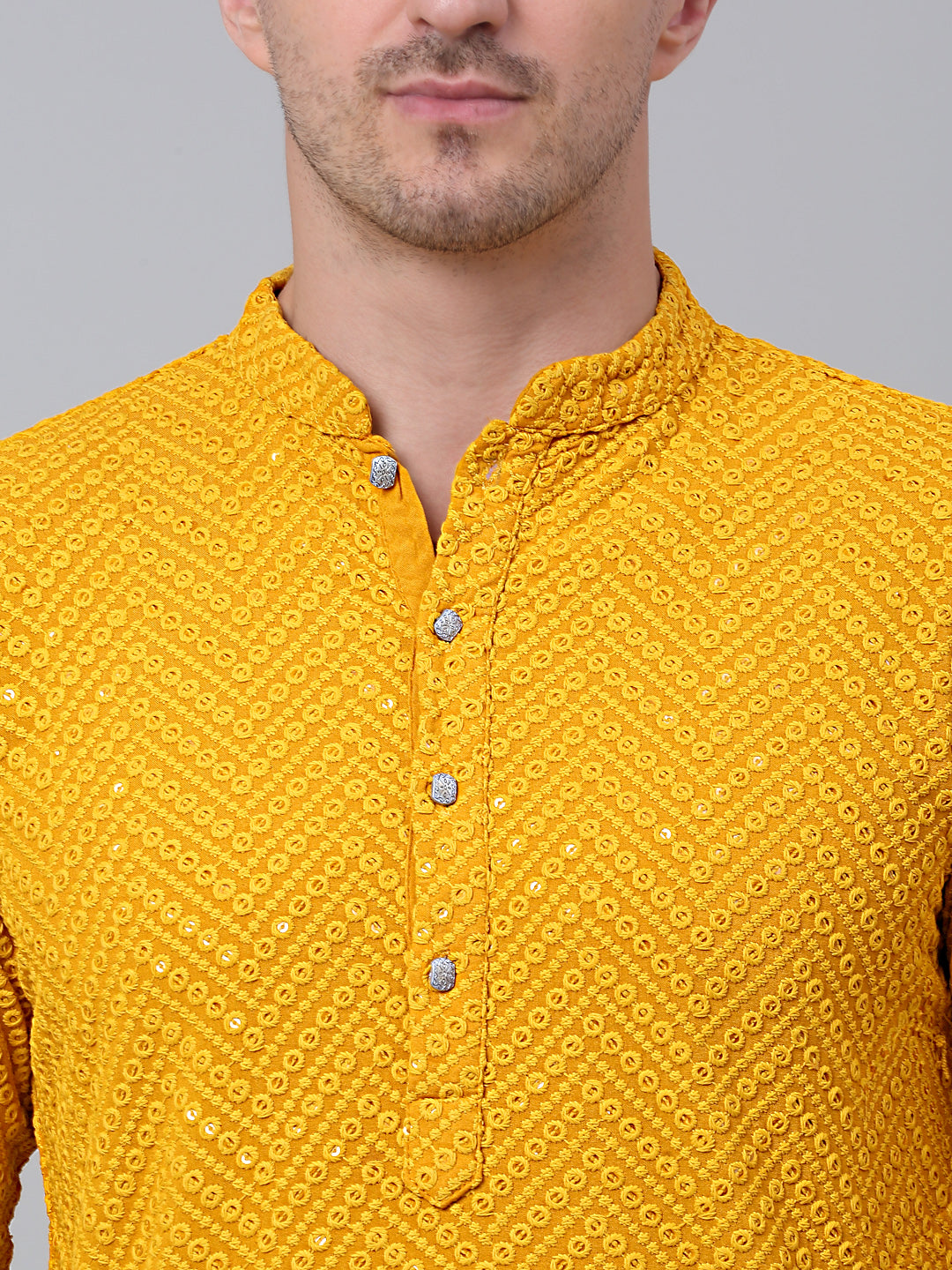 Jompers Men's Mustard Embroidered Sequinned Kurta with Churidar | Grocsy