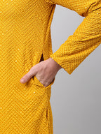 Jompers Men's Mustard Embroidered Sequinned Kurta with Churidar | Grocsy