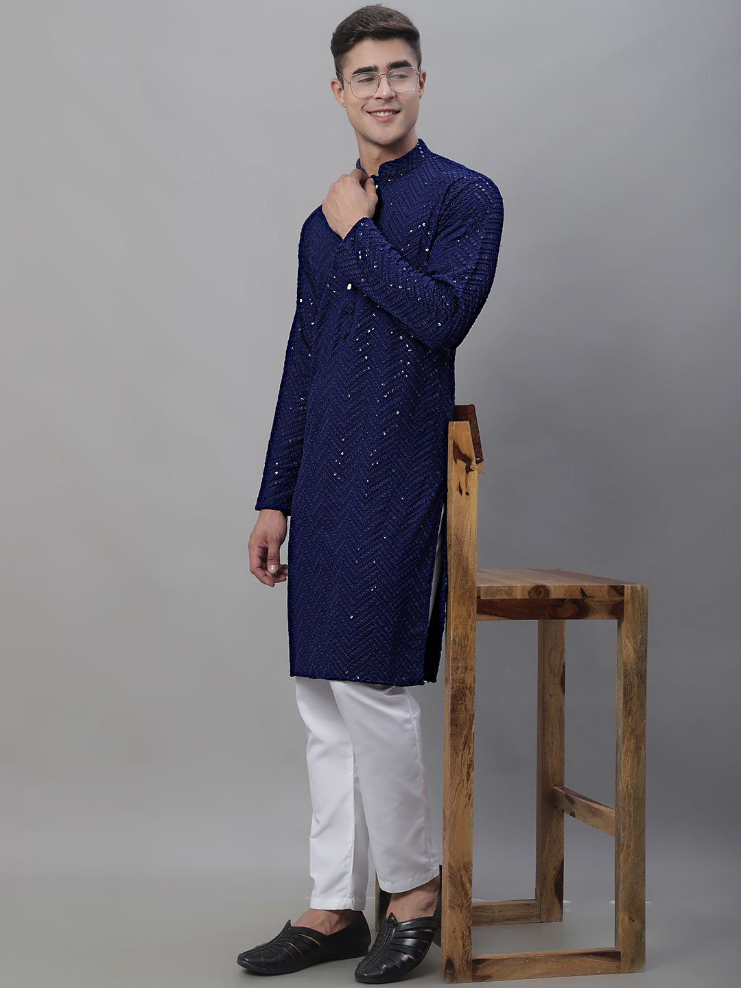 Jompers Men's Navy Blue Embroidered Sequinned Kurta with Churidar | Grocsy