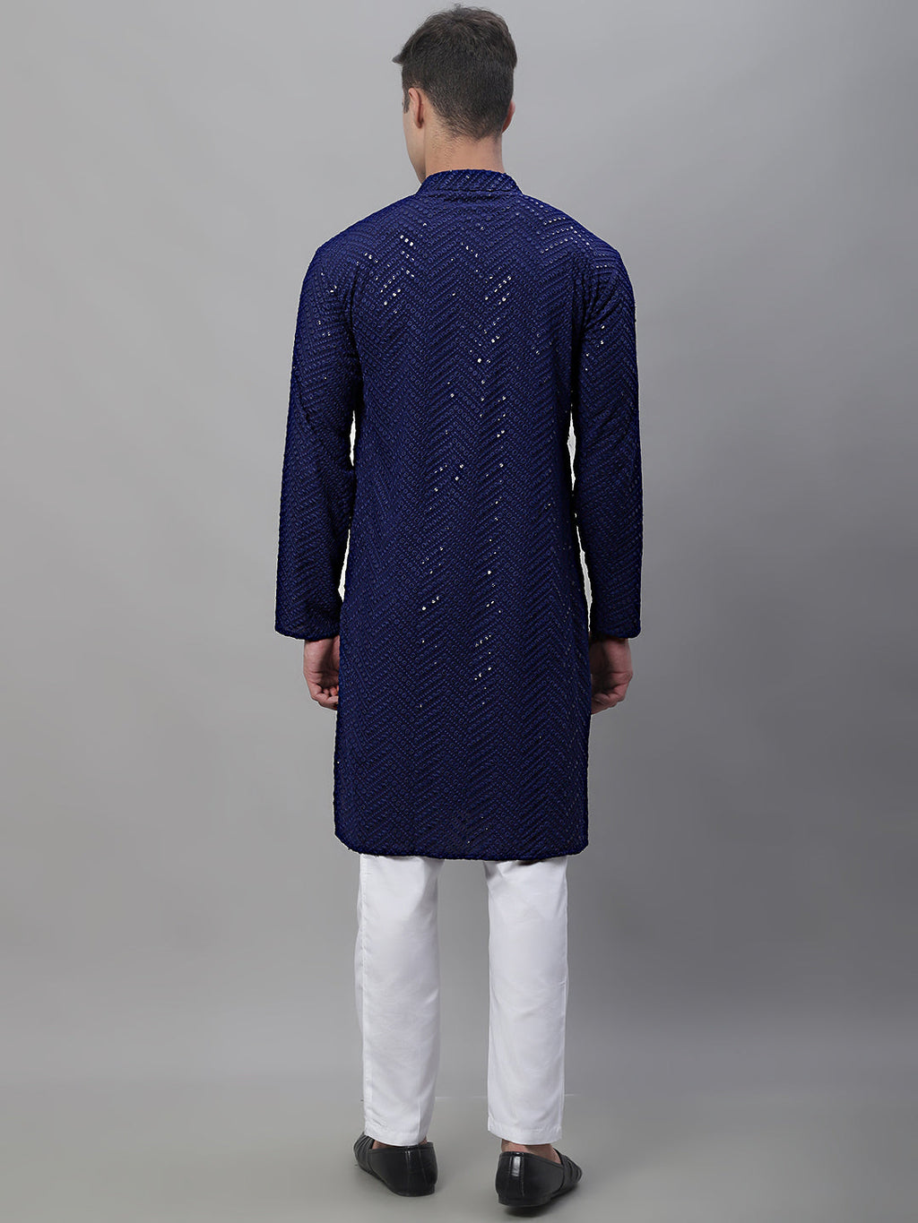 Jompers Men's Navy Blue Embroidered Sequinned Kurta with Churidar | Grocsy