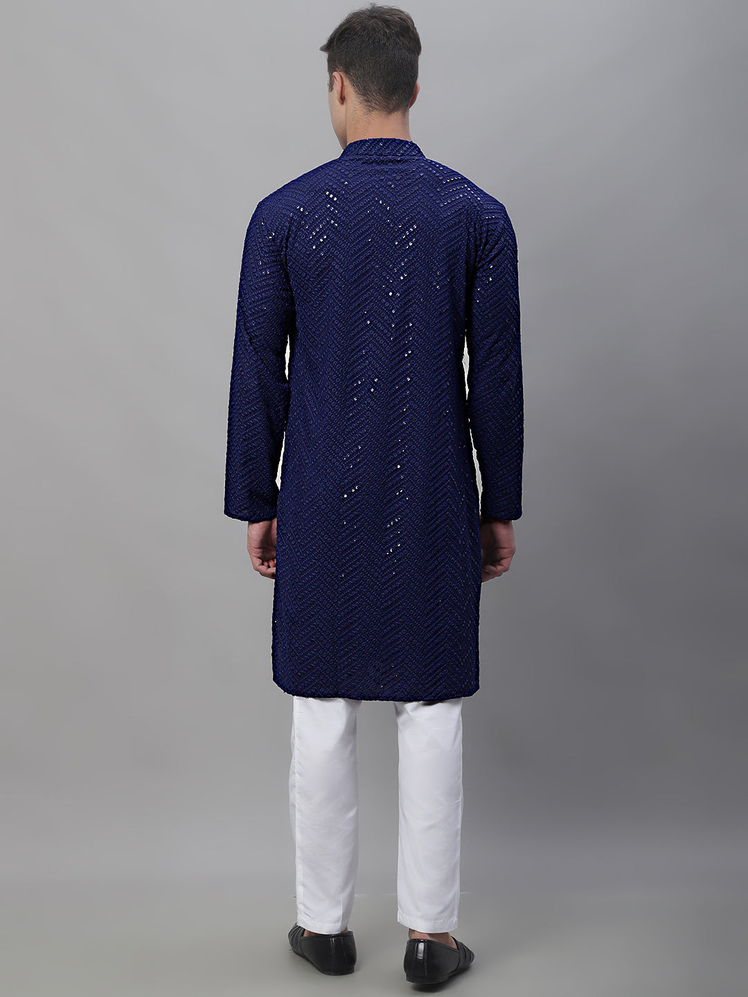 Jompers Men's Navy Blue Embroidered Sequinned Kurta with Churidar | Grocsy
