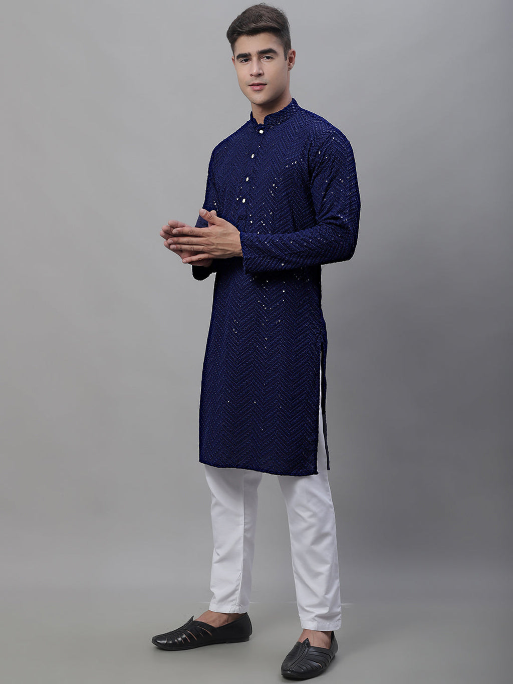 Jompers Men's Navy Blue Embroidered Sequinned Kurta with Churidar | Grocsy