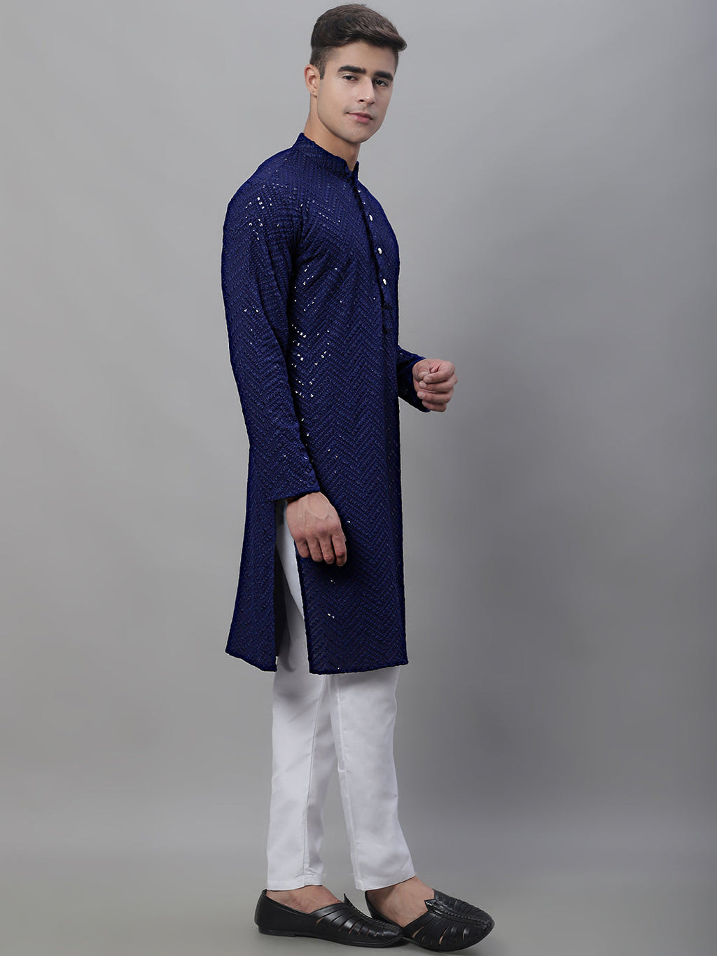 Jompers Men's Navy Blue Embroidered Sequinned Kurta with Churidar | Grocsy