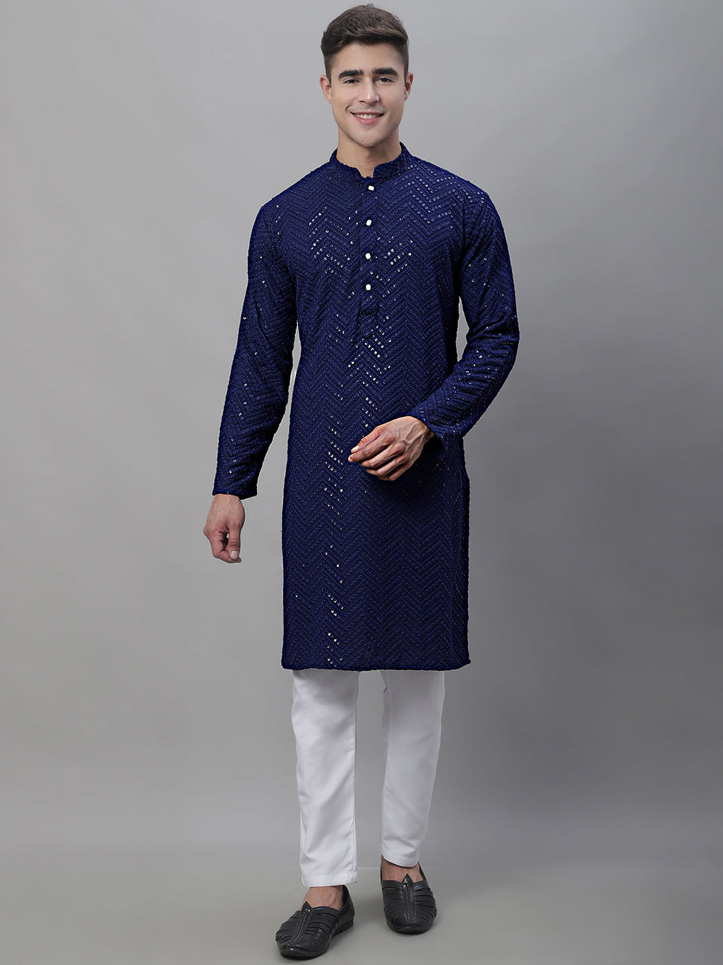 Jompers Men's Navy Blue Embroidered Sequinned Kurta with Churidar | Grocsy