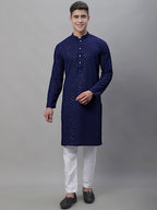 Jompers Men's Navy Blue Embroidered Sequinned Kurta with Churidar | Grocsy