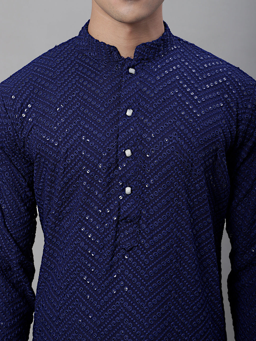 Jompers Men's Navy Blue Embroidered Sequinned Kurta with Churidar | Grocsy