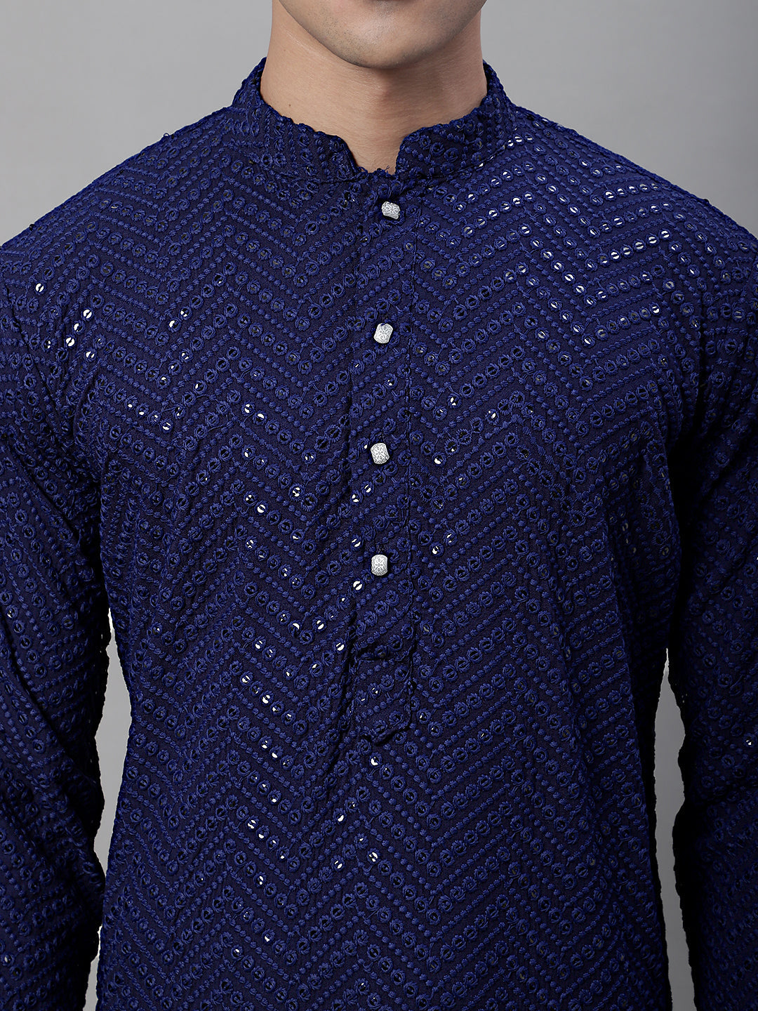 Jompers Men's Navy Blue Embroidered Sequinned Kurta with Churidar | Grocsy