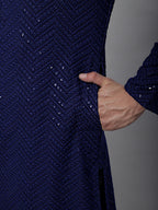 Jompers Men's Navy Blue Embroidered Sequinned Kurta with Churidar | Grocsy