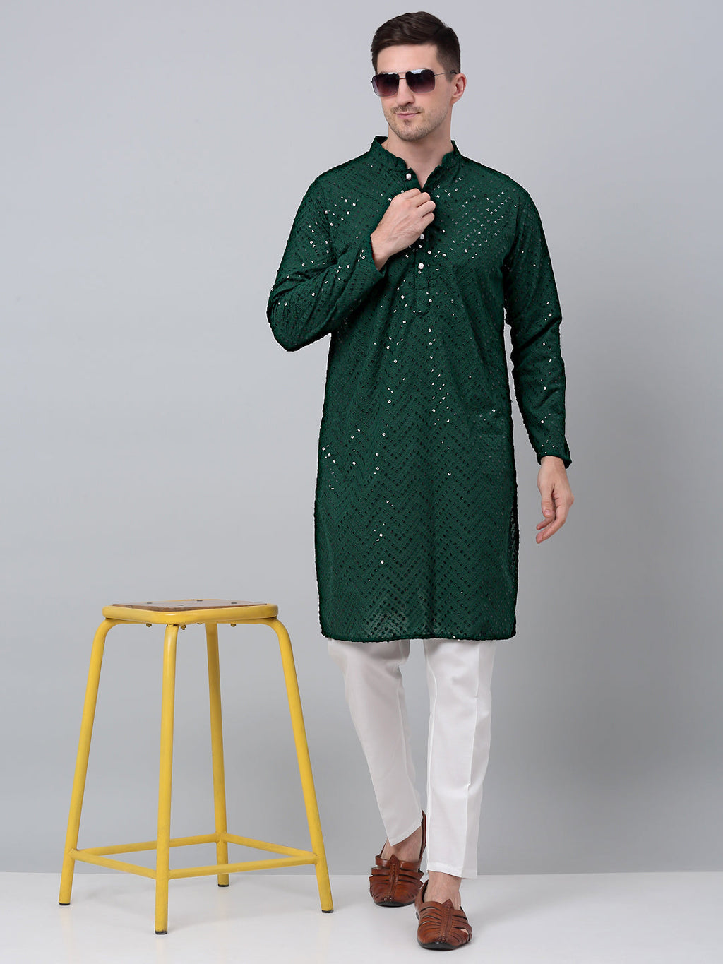 Jompers Men's Olive Green Embroidered Sequinned Kurta with Churidar | Grocsy