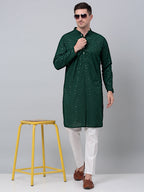Jompers Men's Olive Green Embroidered Sequinned Kurta with Churidar | Grocsy