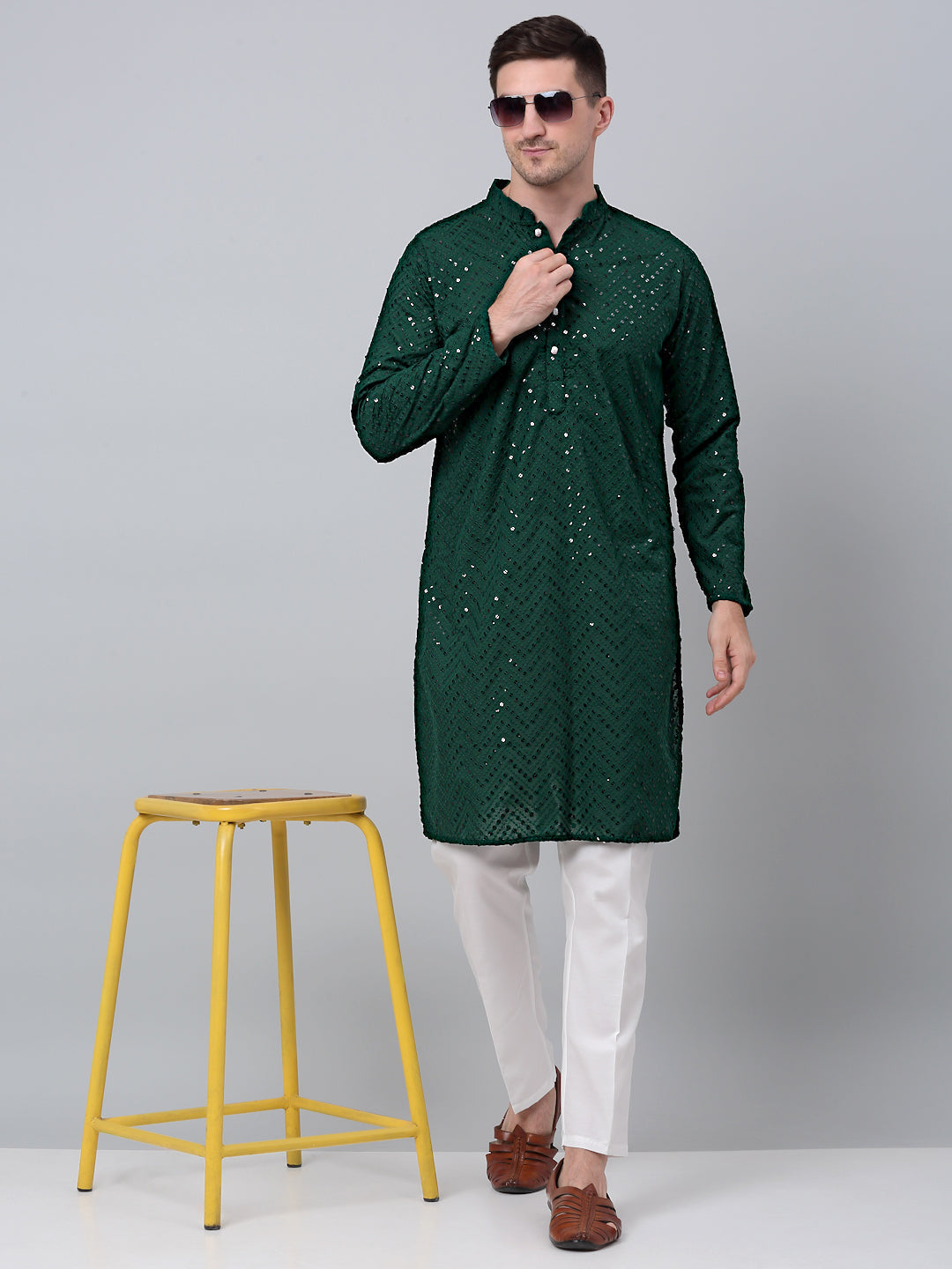 Jompers Men's Olive Green Embroidered Sequinned Kurta with Churidar | Grocsy