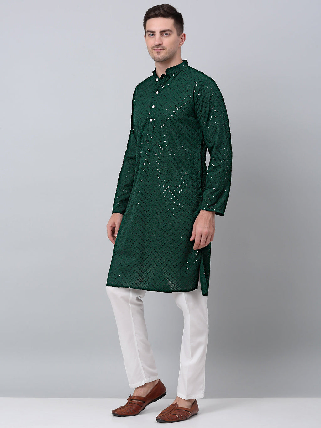 Jompers Men's Olive Green Embroidered Sequinned Kurta with Churidar | Grocsy