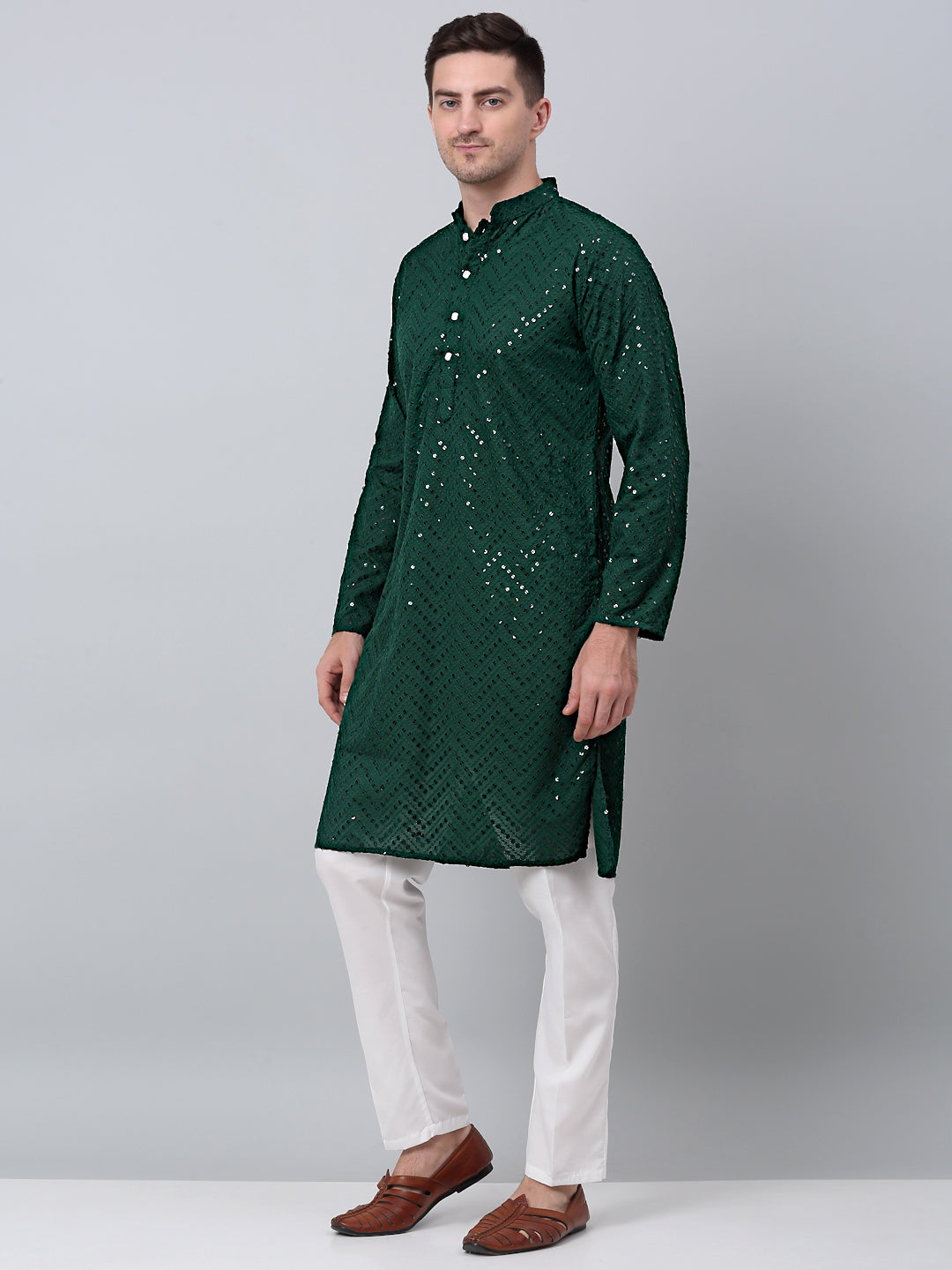Jompers Men's Olive Green Embroidered Sequinned Kurta with Churidar | Grocsy
