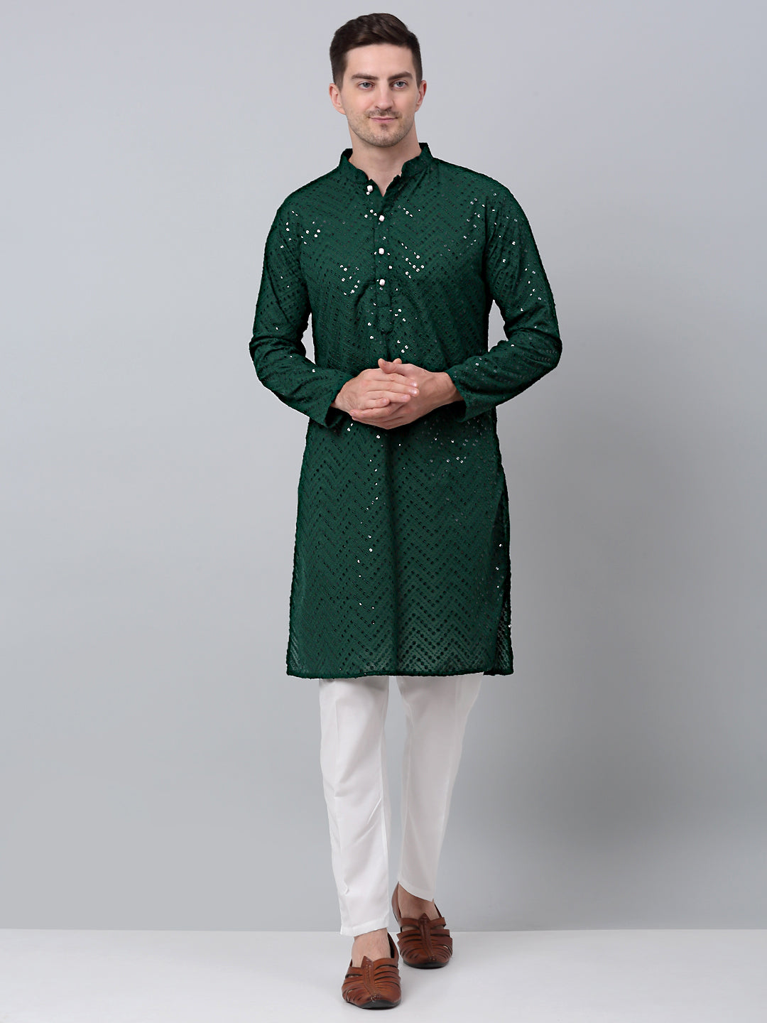 Jompers Men's Olive Green Embroidered Sequinned Kurta with Churidar | Grocsy
