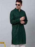 Jompers Men's Olive Green Embroidered Sequinned Kurta with Churidar | Grocsy