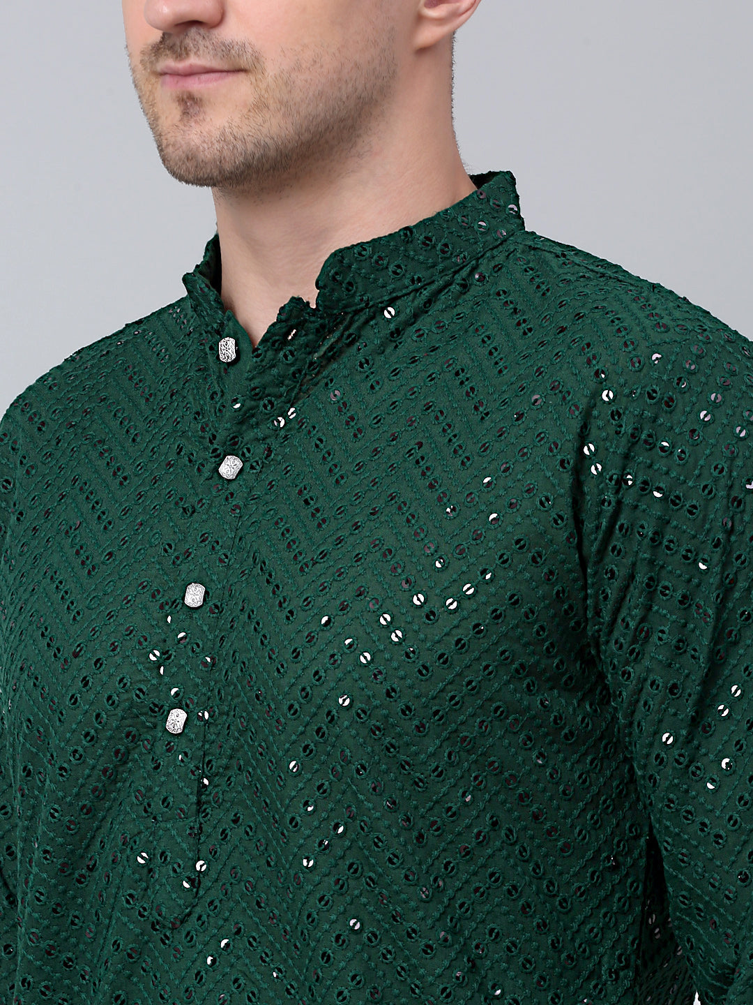 Jompers Men's Olive Green Embroidered Sequinned Kurta with Churidar | Grocsy