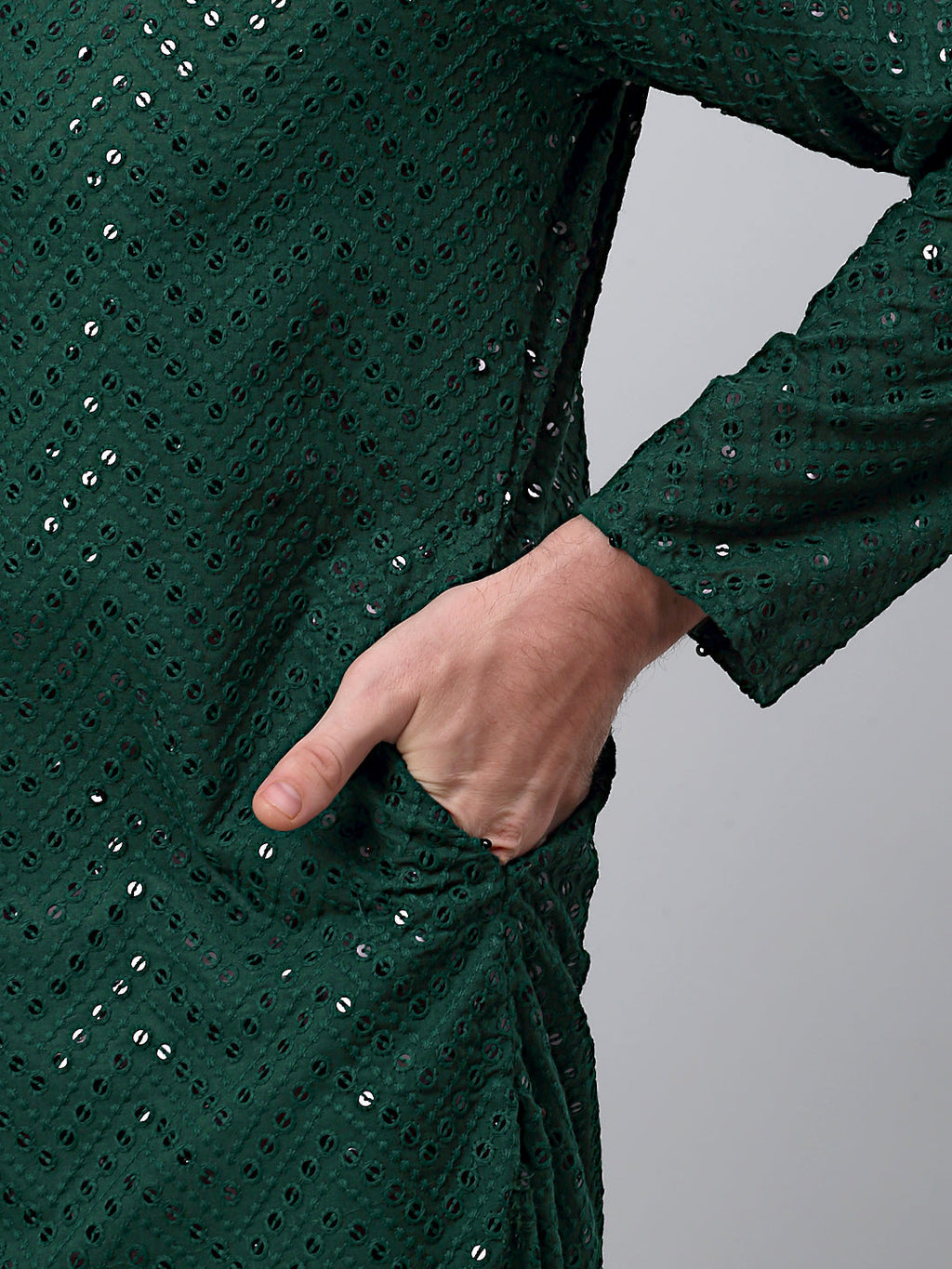 Jompers Men's Olive Green Embroidered Sequinned Kurta with Churidar | Grocsy