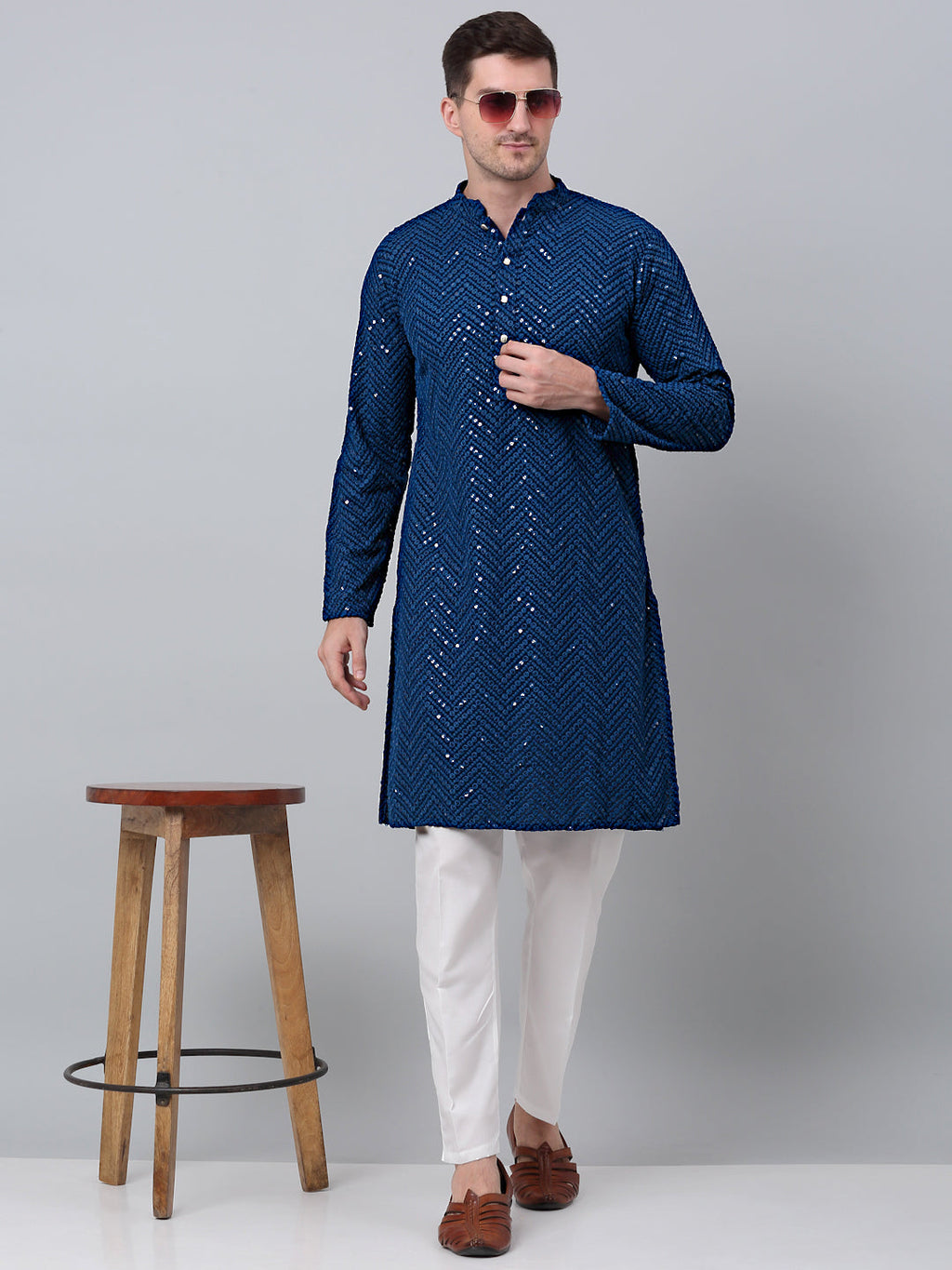 Jompers Men's Peacock Blue Embroidered Sequinned Kurta with Churidar | Grocsy
