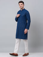 Jompers Men's Peacock Blue Embroidered Sequinned Kurta with Churidar | Grocsy