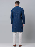 Jompers Men's Peacock Blue Embroidered Sequinned Kurta with Churidar | Grocsy