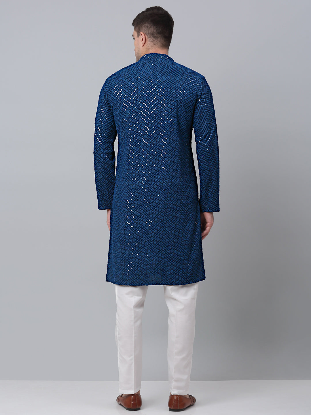 Jompers Men's Peacock Blue Embroidered Sequinned Kurta with Churidar | Grocsy