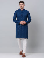 Jompers Men's Peacock Blue Embroidered Sequinned Kurta with Churidar | Grocsy