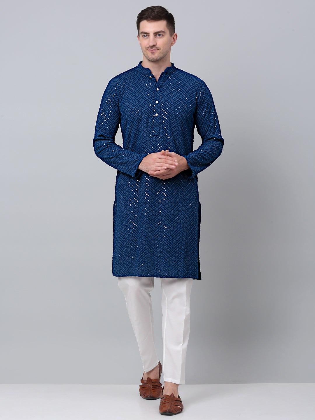 Jompers Men's Peacock Blue Embroidered Sequinned Kurta with Churidar | Grocsy