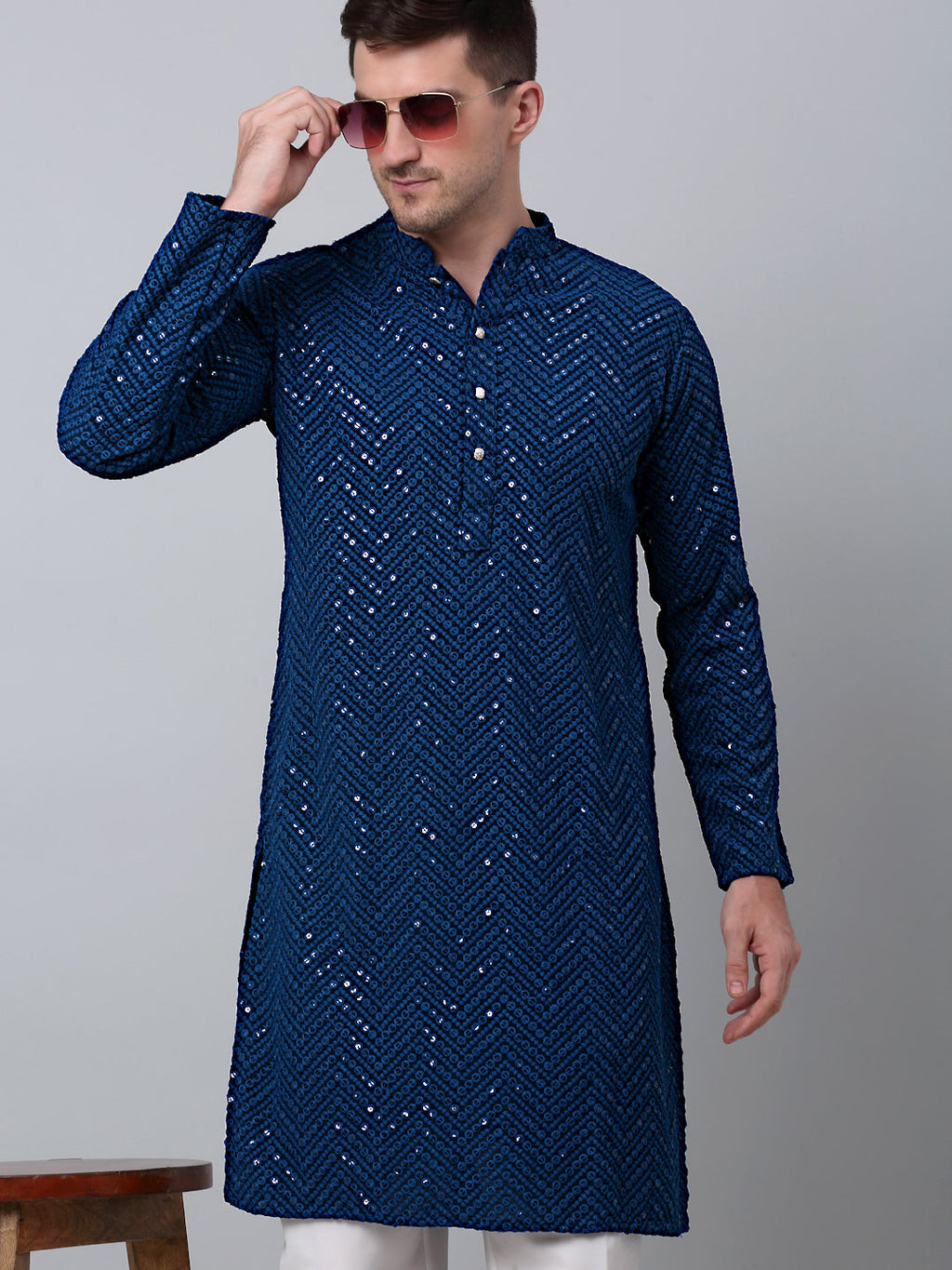 Jompers Men's Peacock Blue Embroidered Sequinned Kurta with Churidar | Grocsy