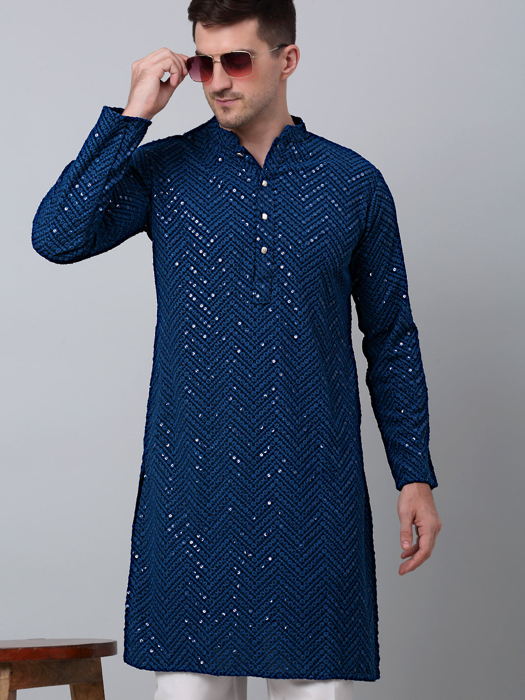Jompers Men's Peacock Blue Embroidered Sequinned Kurta with Churidar | Grocsy