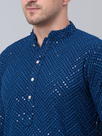 Jompers Men's Peacock Blue Embroidered Sequinned Kurta with Churidar | Grocsy