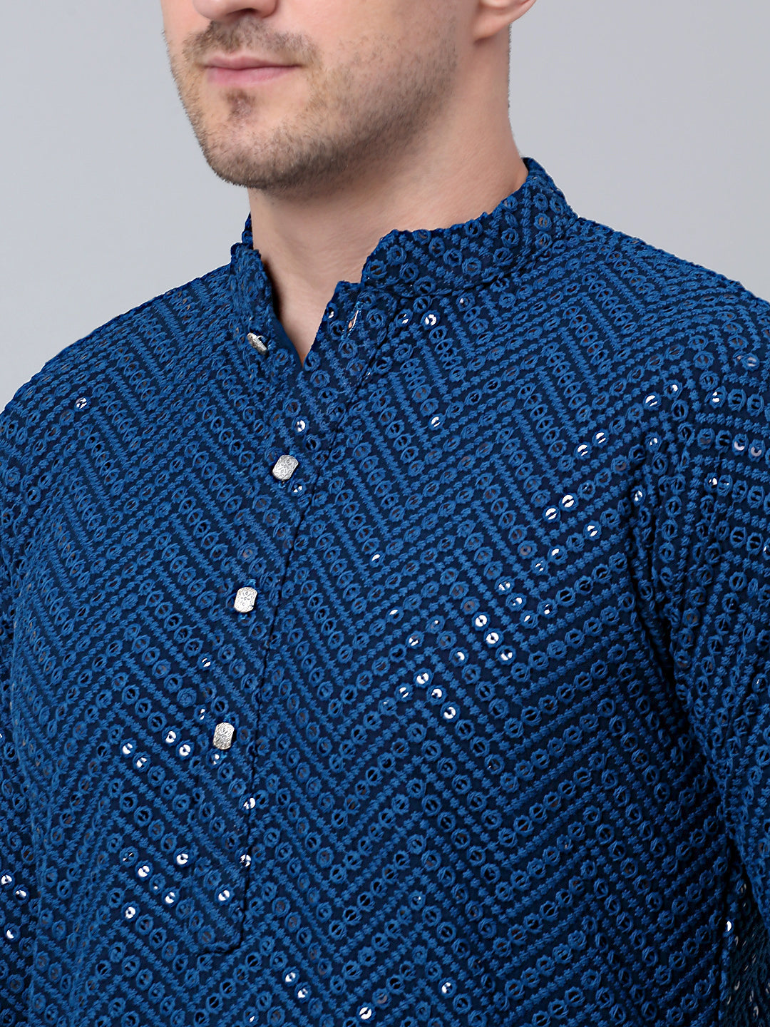 Jompers Men's Peacock Blue Embroidered Sequinned Kurta with Churidar | Grocsy