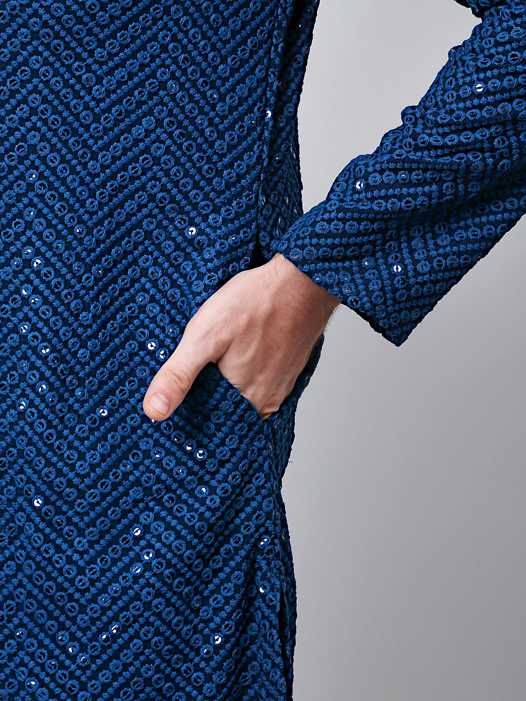 Jompers Men's Peacock Blue Embroidered Sequinned Kurta with Churidar | Grocsy
