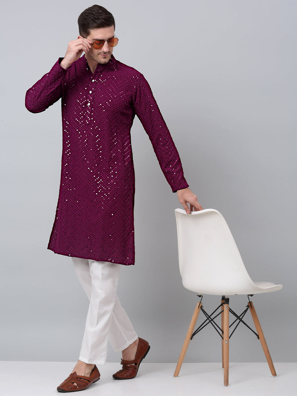 Jompers Men's Purple Embroidered Sequinned Kurta with Churidar | Grocsy