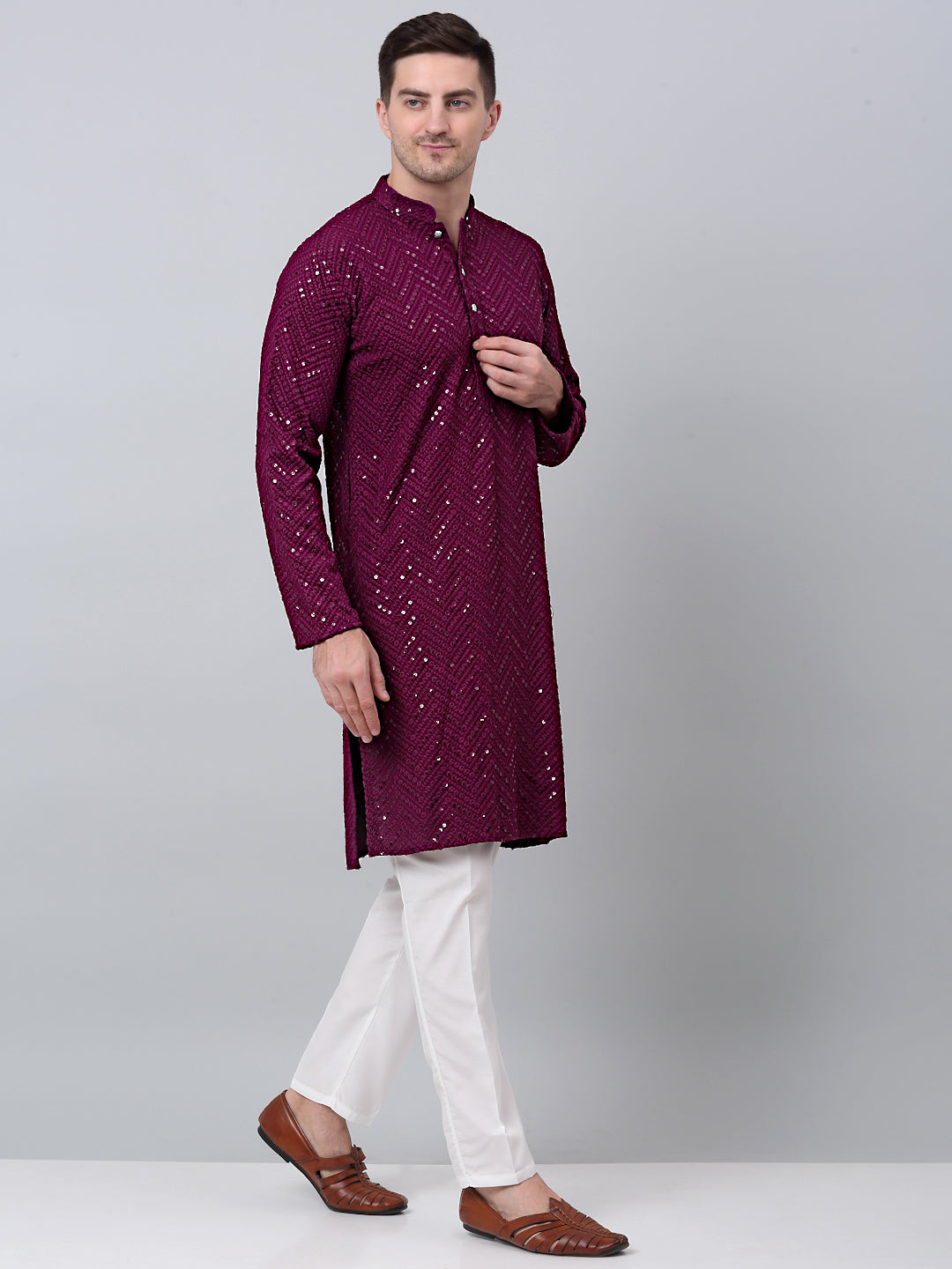 Jompers Men's Purple Embroidered Sequinned Kurta with Churidar | Grocsy