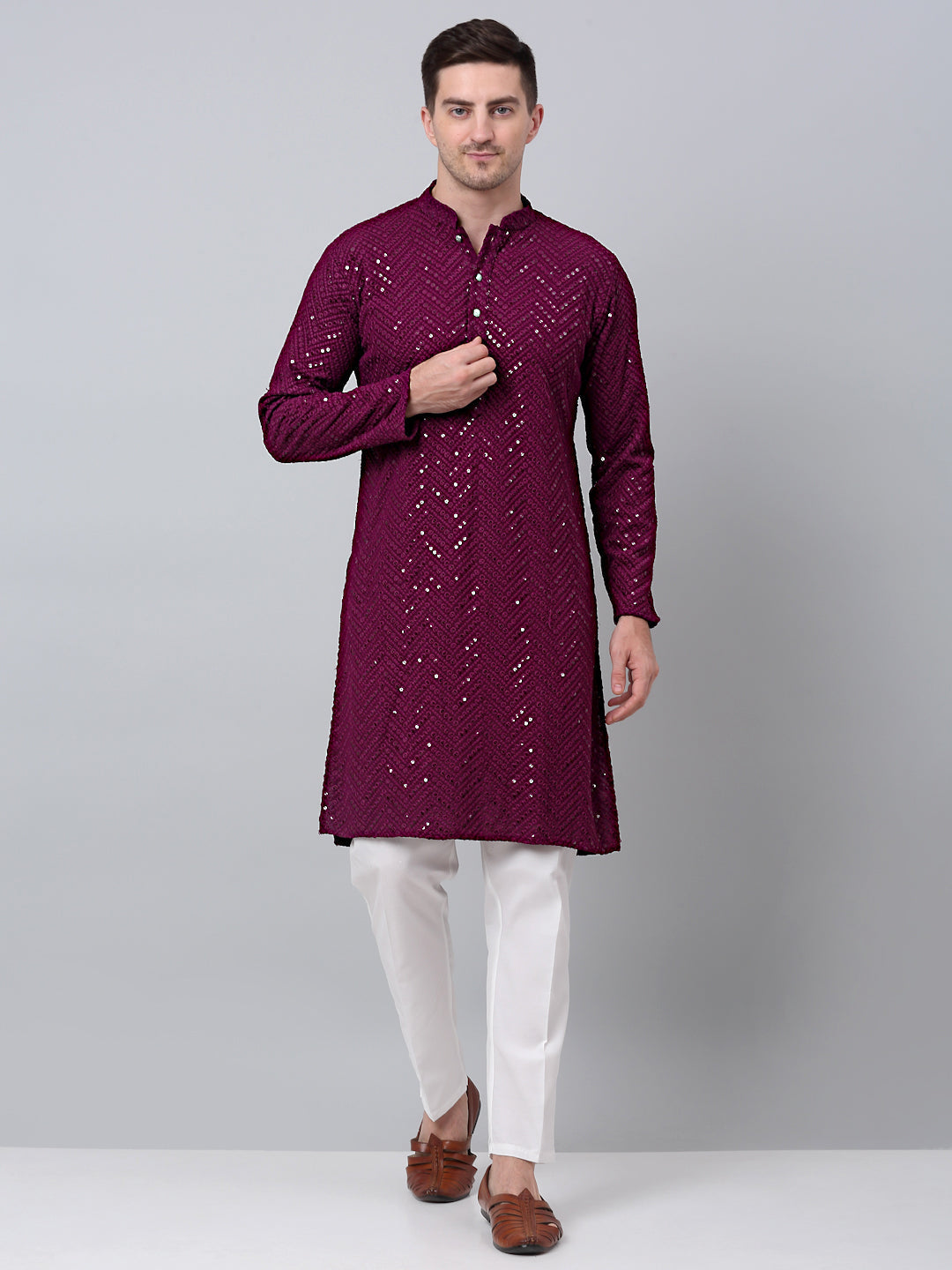 Jompers Men's Purple Embroidered Sequinned Kurta with Churidar | Grocsy