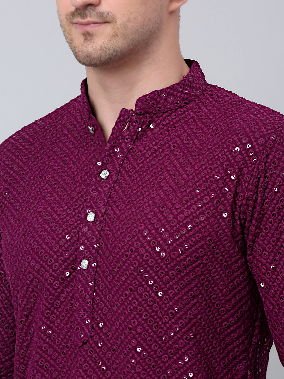 Jompers Men's Purple Embroidered Sequinned Kurta with Churidar | Grocsy