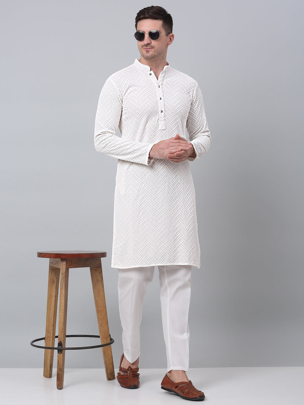Jompers Men's White Embroidered Sequinned Kurta with Churidar | Grocsy